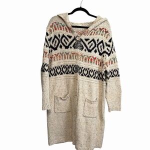 Easel Women's Tan Multicolor Long Aztec Boho Hooded Cardigan Size M/L